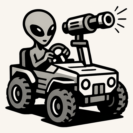 Grey alien driving a moon buggy space car with a laser cannon mounted on the roof.
In-Game asset.  2d.  High contrast.  No shadows