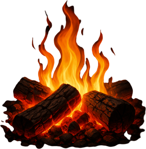 Brasas con llama, algo realista.
In-Game asset.  2d.  High contrast.  No shadows