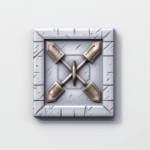 Single square button with bow and arrow on it. Metal button
Game Texture. In-Game asset. 2d. Pixelart. White background. Blank background. Low detail. High contrast.