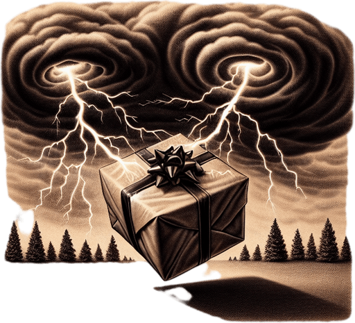 a pergament of a christmas present hit by a storm lightning in the sky. There is the text: "Gifts are not guaranteed to withstand storm damage."