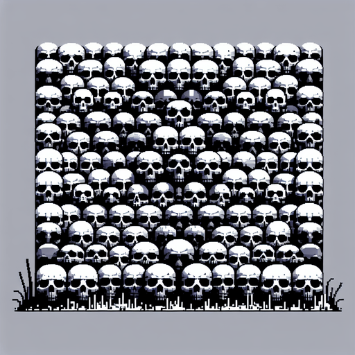 a collection of skulls arranged in horizontal rows.
Single Game Texture.  In-Game asset.  2d.  Blank background.  High contrast.  No shadows