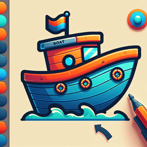 a colorful, cartoon style boat with an orange and blue color scheme. the boat has a small flag on top, round windows and a curved hull , with the BOAT text on it with bold letters. the design is vibrant, playful and optimized for a mobile game.
Single Game Texture.  In-Game asset.  2d.  Blank background.  High contrast.  No shadows