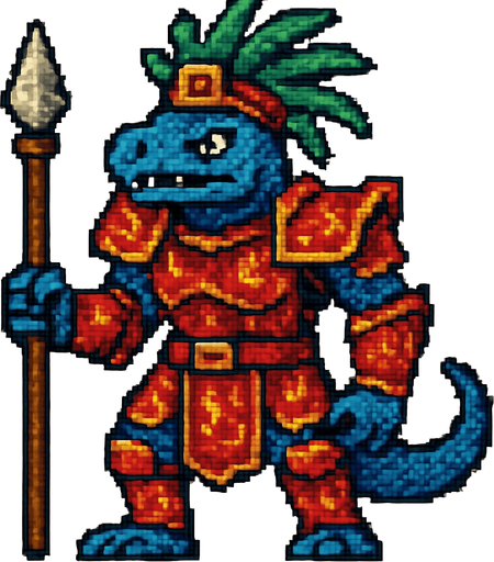 Generame un guerrero azteca con patrones, estilo pixelar, ademas sera un El lagarto azul de Gorgona humanoide. Va tener una armadura roja con efetos de llamitas pequeñas.
In-Game asset.  2d.  High contrast.  No shadows