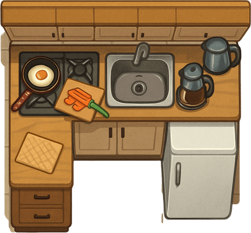 Mutfak - üstten görünüm - gerçekçi - yazısız.
In-Game asset.  2d.  High contrast.  No shadows