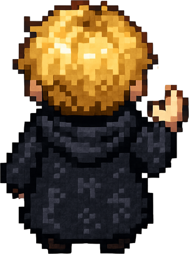 "Top-down 2D pixel art of a young male wizard child, viewed from a perfect 90-degree angle directly overhead (true bird’s-eye view), facing away from the viewer (back view). He has short, wavy blonde hair and wears a long, flowing black robe with subtle magical runes on it. Small dark boots are barely visible beneath the robe. His robe has a slightly oversized hood resting on his back. He is standing still in a casting pose, one small hand slightly raised forward as if ready to cast a spell. A glowing blue aura surrounds his hand to indicate magic. The lighting is soft and ambient, suitable for a fantasy RPG game. Style is classic 16-bit RPG pixel art, SNES-era quality. Transparent background.".
In-Game asset.  2d.  High contrast.  No shadows