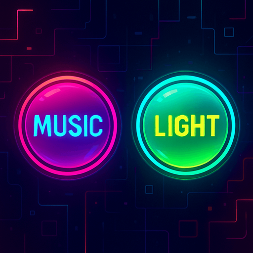 Setting buttons shapes as sphere or circle & have text 'Music' & another have text 'Light'. HD colors. cyberpunk. Abstract. Different colors.
In-Game asset.  2d.  High contrast.  No shadows