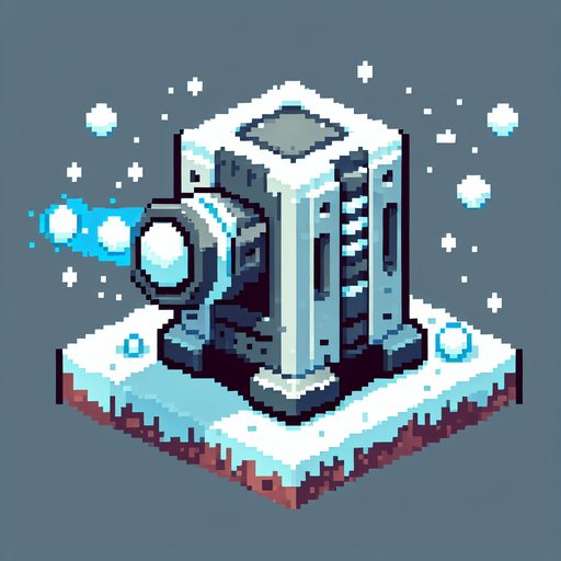 square shaped snowball shooting turret. pixelated. 8 bit. Single Game Texture. In-Game asset. 2d. Blank background. High contrast. No shadows.