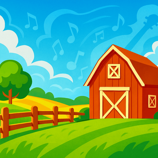 A vibrant cartoon-style background of a countryside scene with a barn, wooden fence, and wide blue sky, symbolizing American folk music. Add subtle music notes or banjo silhouette in the background. Export as a wide PN.
In-Game asset.  2d.  High contrast.  No shadows