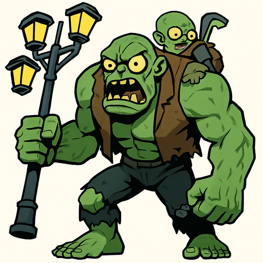 Un zombi gigante y musculoso de piel verdosa. Viste un chaleco marrón roto y pantalones oscuros desgarrados, dejando ver parte de sus piernas. En su mano derecha, blande un poste de luz improvisado con cuatro farolas, usándolo como arma. Sobre su espalda, lleva a un zombi pequeño, sujeto por unas correas. Sus ojos son grandes y saltones, y su boca está abierta mostrando una dentadura irregular, dándole una expresión de furia..
In-Game asset.  2d.  High contrast.  No shadows