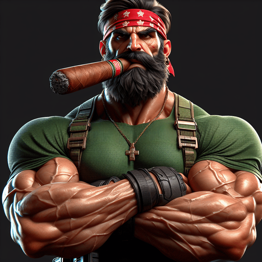 Badass marine with a green muscle T-shirt and a red bandana and a big cigar hanging from his mouth.
Single Game Texture. In-Game asset. 2d. Blank background. High contrast. No shadows.