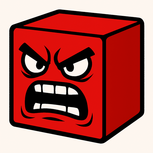 The cube of this game should look like it is getting angry, its color should be red, it should not have hands or feet, and it should have a 3D face shape..
In-Game asset.  2d.  High contrast.  No shadows