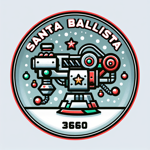 Icon for a mechanical arm, on a circle, with the text „Santa Ballista 360“ at top, cartoon, christmas style Single Game Texture. In-Game asset. 2d. Blank background. High contrast. No shadows.