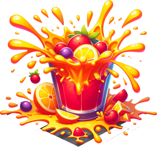 2d meyve suyu patlaması.
Single Game Texture. In-Game asset. 2d. Blank background. High contrast. No shadows.