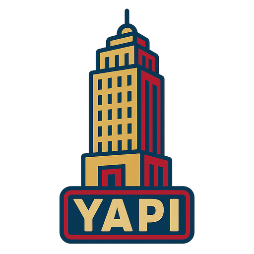 Create a big skyscraper. Make it yellow, red and navy blue. Write "YAPI" underneath. Make it retro themed. No background. Transparent background. Blank background. No shadows. 2d. In-Game asset. flat