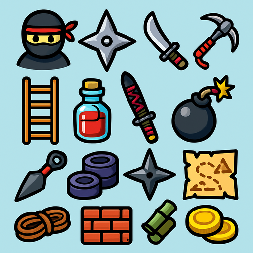 Different assets for ninja game, tools, ladder...etc..., HD colors.
In-Game asset.  2d.  High contrast.  No shadows