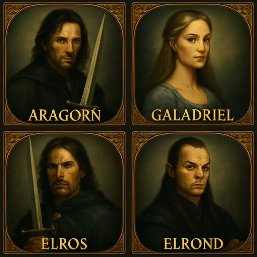 Aynı formatta 4lü kart yap. Aragorn, Galadriel, Elros, Elrond olsun