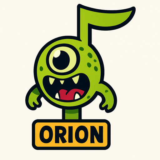 MÜZİK NOTASI ŞEKLİNDE BİR UZAYLI CANAVAR ÇİZ AMA BU KARAKTER PLAYER VE İSMİ ORİON ONA GÖRE TASARLA. AYAKSIZ.
In-Game asset.  2d.  High contrast.  No shadows