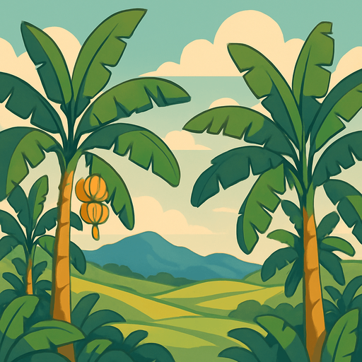 relaxing banana tree landscape.
In-Game asset.  2d.  High contrast.  No shadows