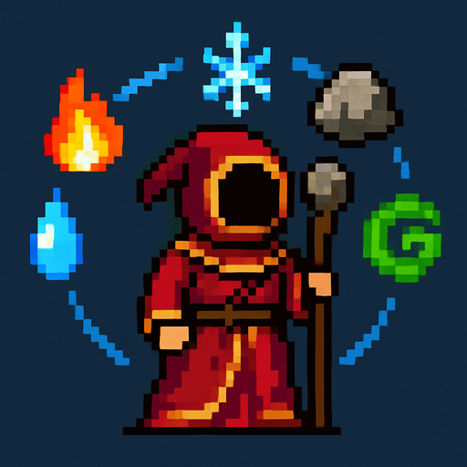 A pixel style magician from Magicka who has an arc around him of elements to be casted (fire, water, ice, rock, etc).
In-Game asset.  2d.  High contrast.  No shadows