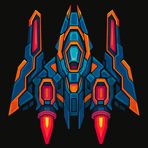 Make it a ship for a space shooting game with intense designing.
In-Game asset.  2d.  High contrast.  No shadows