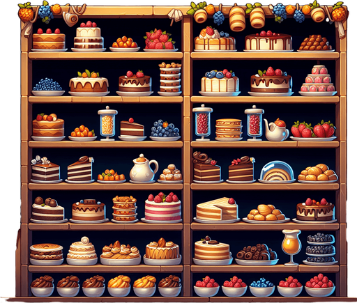 A bakery wall with shelves full of cakes, toppings, berries. Rich game illustration style..
Single Game Texture. In-Game asset. 2d. Blank background. High contrast. No shadows.