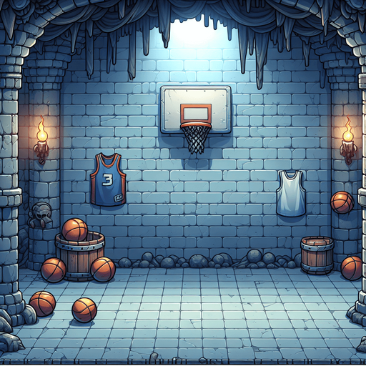 basketball dungeon background.
Single Game Texture. In-Game asset. 2d. Blank background. High contrast. No shadows.