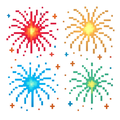 fireworks, retro pixel style, colorful.
In-Game asset.  2d.  High contrast.  No shadows