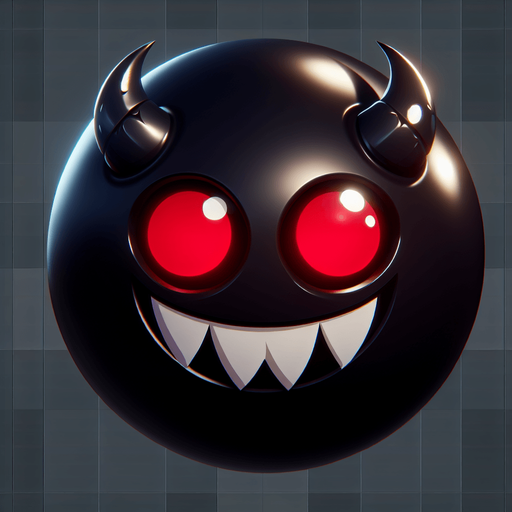 uma bola preta com chifres, e com olhos vermelhos com um sorriso assustador, fundo png.
Single Game Texture. In-Game asset. 3d. Blank background. High contrast. No shadows.