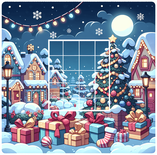 Outdoor, nighttime Christmas Background for puzzle game. Cartoon. Pastel colors, flat shaded, vector art. Full width blank square in center. Sharp corners.