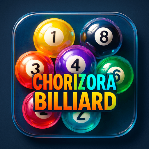 Modern App Store icon, high definition, square with rounded corners, transparent glass neon balls of billiard, high definition, HD colors, for a game named it "Chorizora Billiard". with text on the middle of the icon with many colors "Chorizora Billiard" !