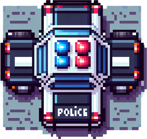 Top-down view of a pixel art police car with flashing red and blue lights, 64x64, arcade retro style".
Single Game Texture.  In-Game asset.  2d.  Blank background.  High contrast.  No shadows