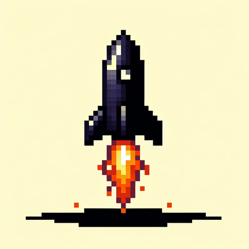 8 bit image black rocket with fire tail.
Single Game Texture.  In-Game asset.  2d.  Blank background.  High contrast.  No shadows