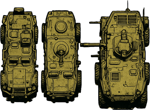 military, old, Light Armored Vehicles, top view.
In-Game asset.  2d.  High contrast.  No shadows
