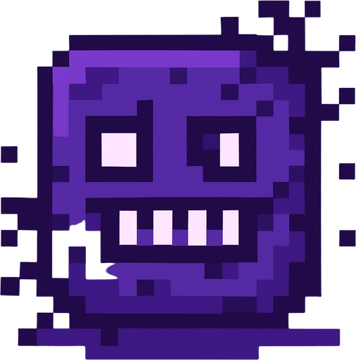 Genera una imagen de un corrupto pixel,  y que no sea terrorífico y que sea morado.
In-Game asset.  2d.  High contrast.  No shadows