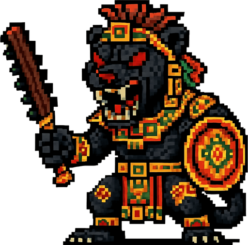 Genérame una Tayra guerrero azteca con eso patrones, estilo pixelar, con una apariencia maligna, ojos rojos, rabioso. Unidad cuerpo a cuerpo. Animal.
In-Game asset.  2d.  High contrast.  No shadows