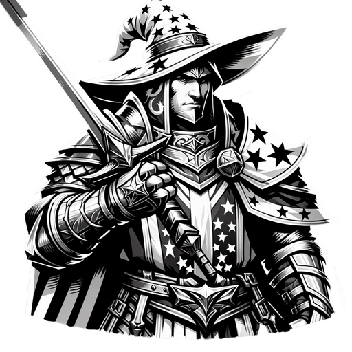 Heroic wizard knight wearing knight armor with a star pattern and wielding a sword..
Single Game Texture. In-Game asset. 2d. Blank background. High contrast. No shadows.