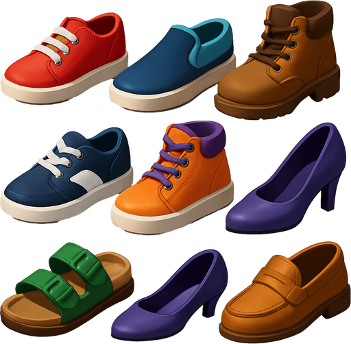 Pack of different shoes.
In-Game asset.  High contrast.  No shadows. 3D