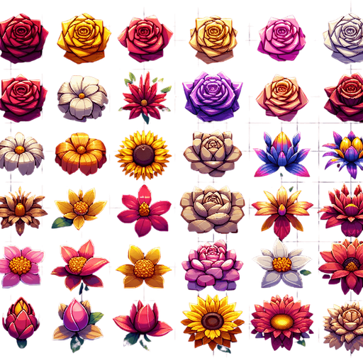 Sprite Sheet of flowers viewed from the top (zenith view).
Modern video game style
