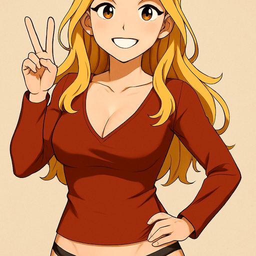 Show her from a little further away and make a victory sign with her hand and smiley face