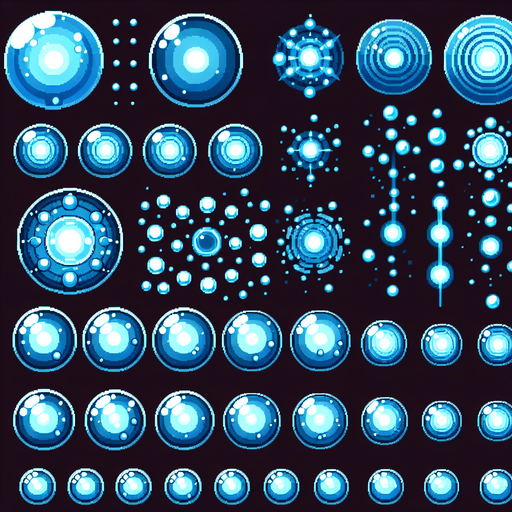 A sprite sheet of blue force field bubbles.
Single Game Texture. In-Game asset. 2d. Blank background. High contrast. No shadows.