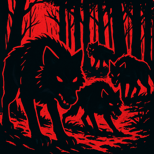 a dark forest with bloodthirsty black wolves.
In-Game asset.  2d.  High contrast.  No shadows