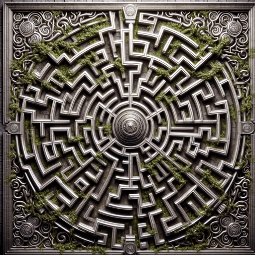 a big metal maze with vines covering it everyware.
Single Game Texture.  In-Game asset.  2d.  Blank background.  High contrast.  No shadows