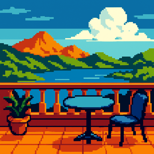balkon manzarası görüntüsü oluştur pixel art tarzında.
In-Game asset.  2d.  High contrast.  No shadows