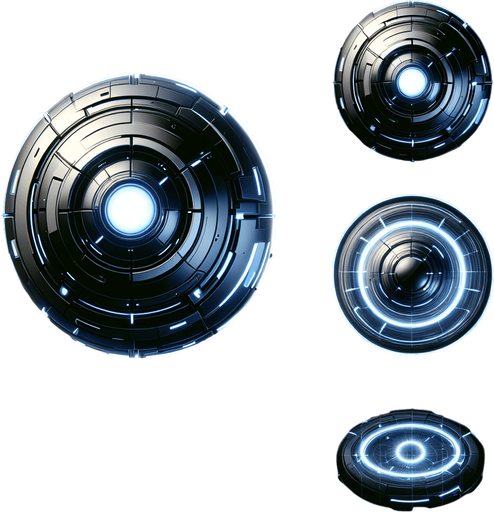 Glowing, futuristic orb asset designed for a ranged enemy's projectile. The orb has a sleek, metallic surface with glowing lines and accents, resembling advanced energy technology. It is circular in shape with a slightly reflective finish, emitting a faint aura. Designed for a top-down perspective to align with a 2D gameplay style, this asset includes an animation of the orb spinning clockwise to simulate movement. The design should convey a high-tech, energy-based attack mechanism..
Single Game Texture. In-Game asset. 2D. Blank background. High contrast. No shadows. Include four frames of the orb spinning clockwise for animation.
