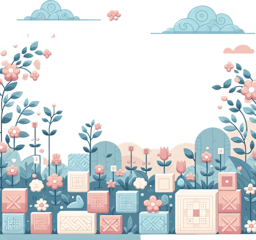 Background for relaxing puzzle game. Pastel colors, flat shaded, vector art. Flowers. Blocks. Relaxing. Clouds Single Game Texture. In-Game asset. 2d. Blank background. High contrast. No shadows.