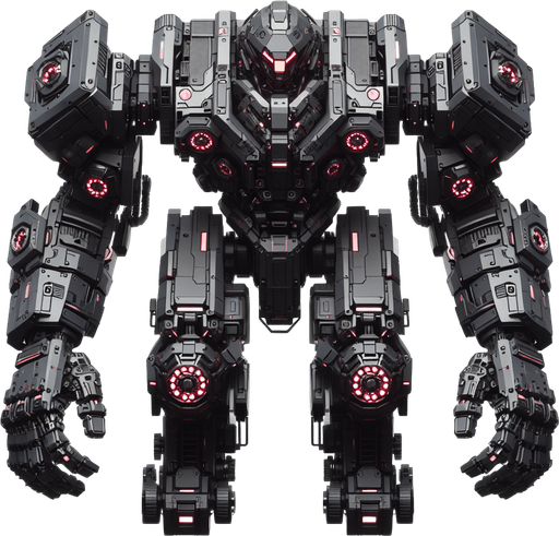 Overhead view. A heavily armored attack robot. Two arms with large gauntlet type fists. Four large red glowing eyes. Three distinct parts, body and two arms. Symmetrical design. Birds Eye view above them looking down on their head. Simple shapes. Low detail. Cyberpunk, black with red glowing highlights..
Single Game Texture. In-Game asset. 2d. Blank background. High contrast. No shadows.