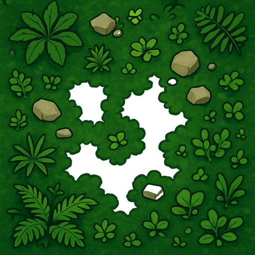 A top-down 2D jungle view, no trees.
In-Game asset.  2d.  High contrast.  No shadows