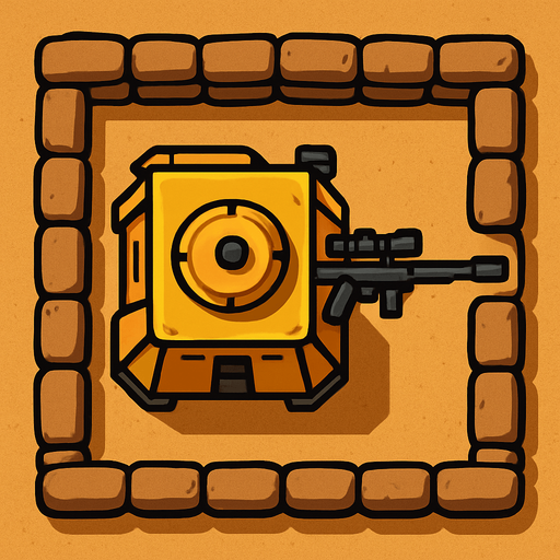 Top view of an Yellow defense Military tower Sniper, in the desert, the image has a square border outlined by military defense Brown sandbags.
In-Game asset.  2d.  High contrast.  No shadows