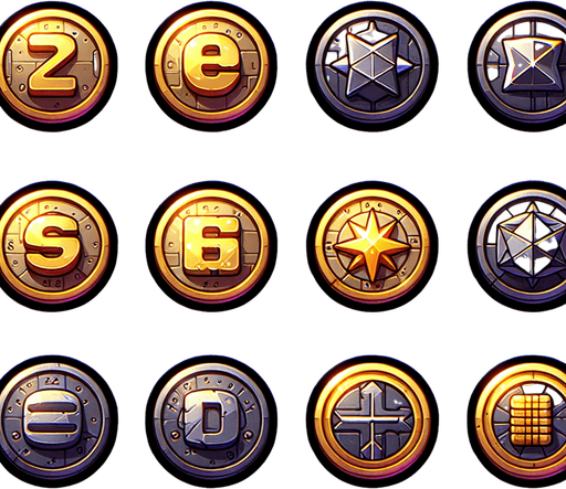 Coins.
Single Game Texture. In-Game asset. 2d. Blank background. High contrast. No shadows.