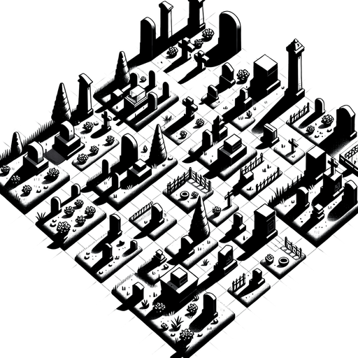 graveyard, top view.
Single Game Texture. In-Game asset. 2d. Blank background. High contrast. No shadows.